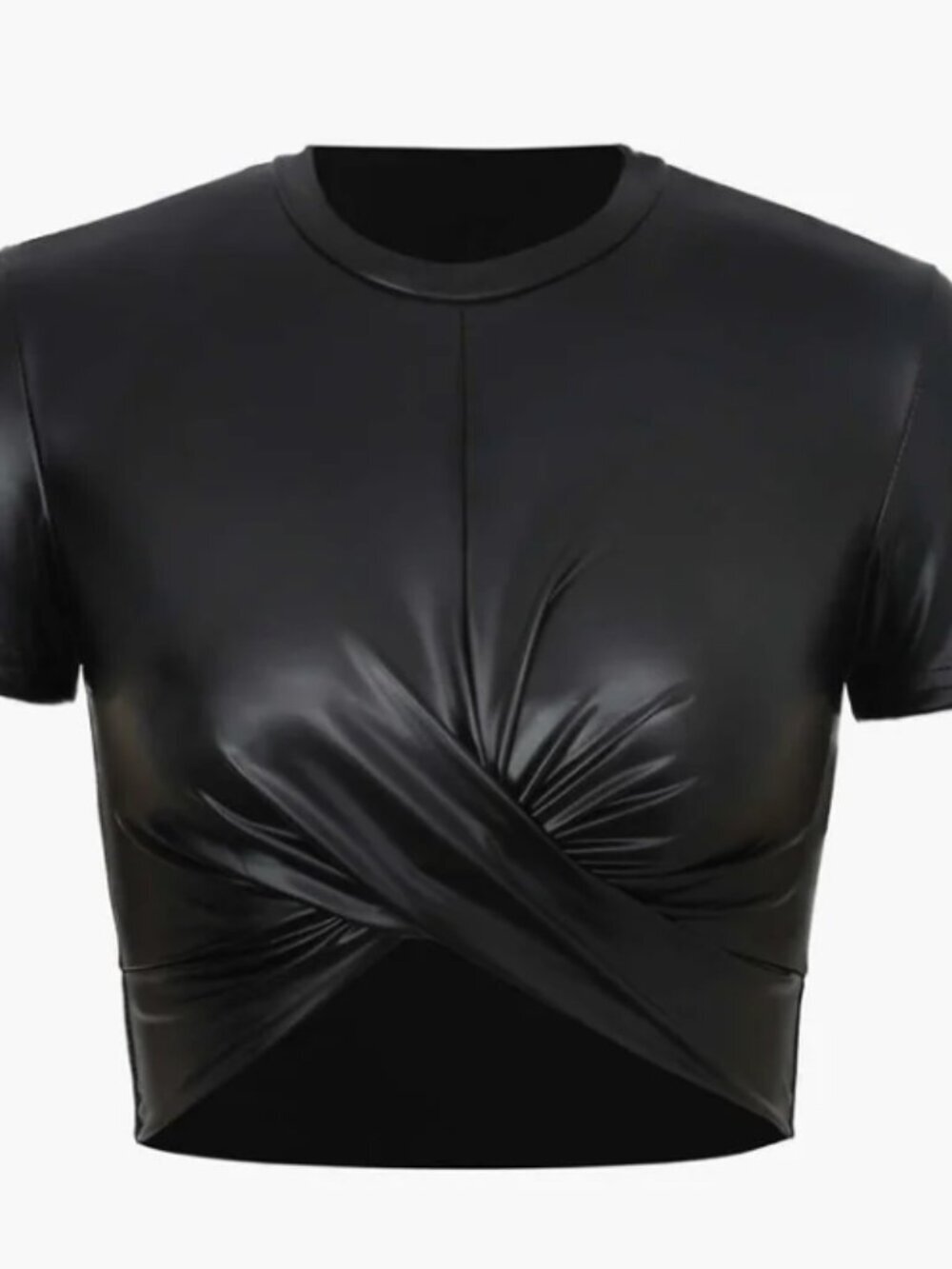 Micas Black Faux Leather Twist Front Crop Top Short Sleeve Size L